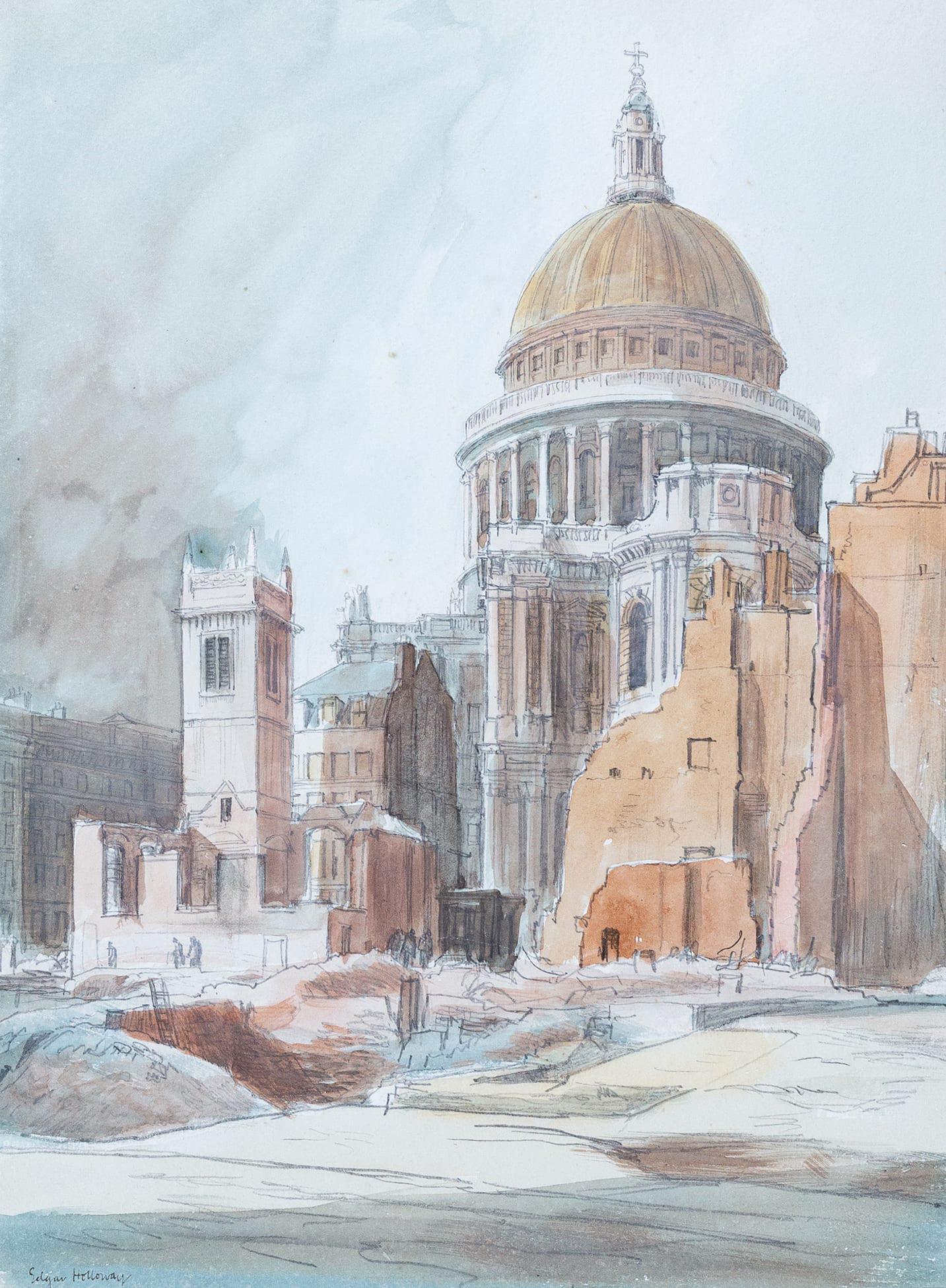 Holloway, Edgar (1914 – 2008) – ‘St Augustine and St Paul’s’, blitz’d London.