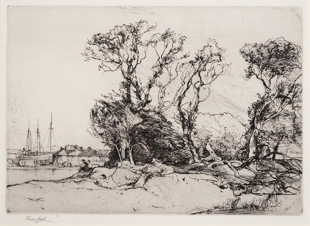 Artist R Hall HALL Oliver R.A. R.E. (1869-1957) – Trees and harbor. | ABBOTT and HOLDER