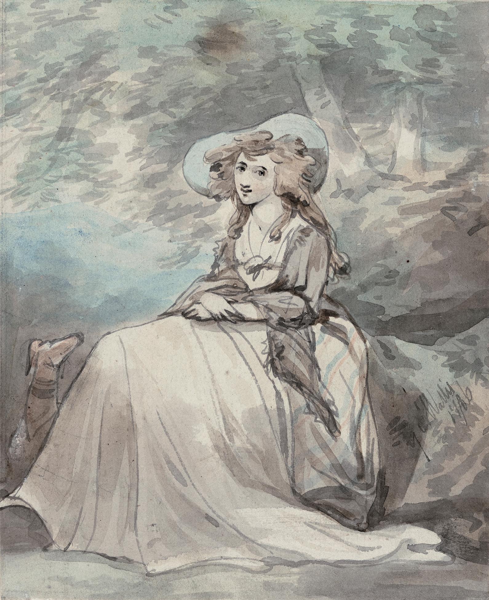 Wallis, George Augustus (1761 – 1847) – Portrait of a woman seated in a landscape with her dog.